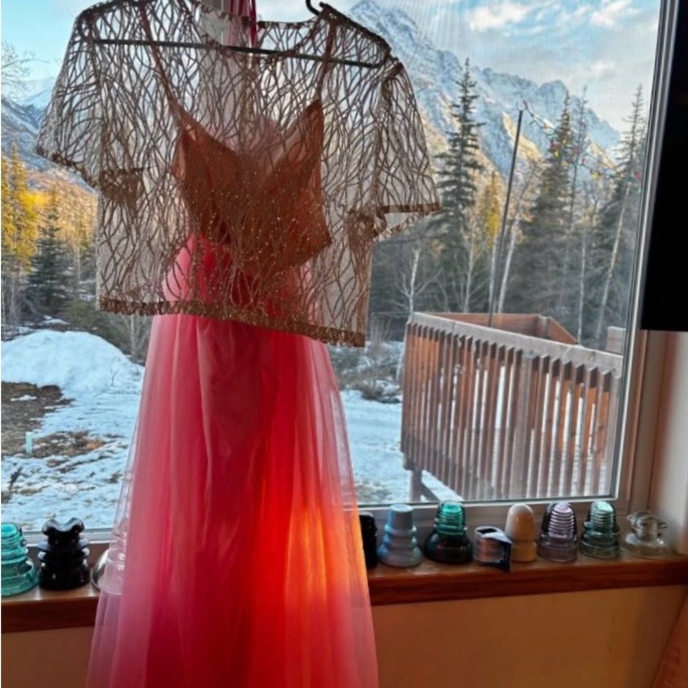 Sparkly Gold Top Coral Pink Tulle Skirt Dress